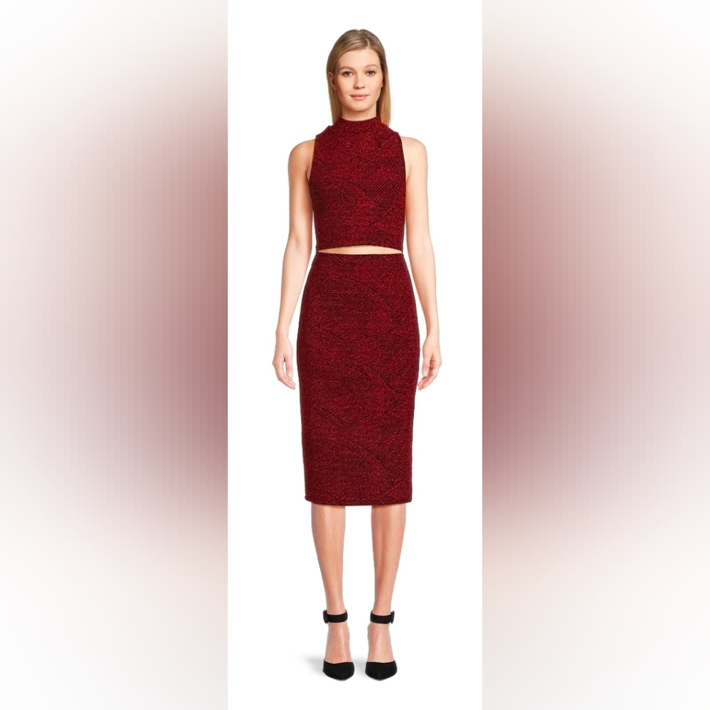 MADDEN NYC- Chic GLITTER Red Patterned Midi Dress